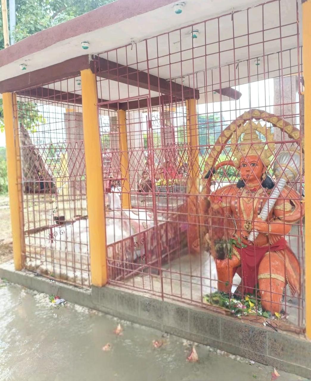 The orange Hanuman murti and the recumbent Nandi in their grilled pavilion in the courtyard at Manara Mahadev Mandir, with flower offerings on the ground