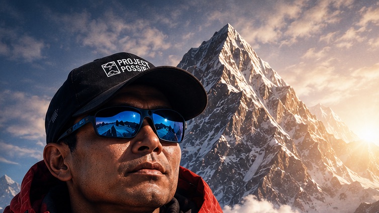 Illustrated portrait of Nims Dai against a Himalayan peak at sunrise
